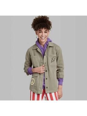 Ascot and Hart Utility Graphic Shacket Women's Size M Grunge Olive Green Button
